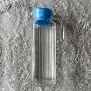 Vintage French Glass Pitcher with Blue Lid